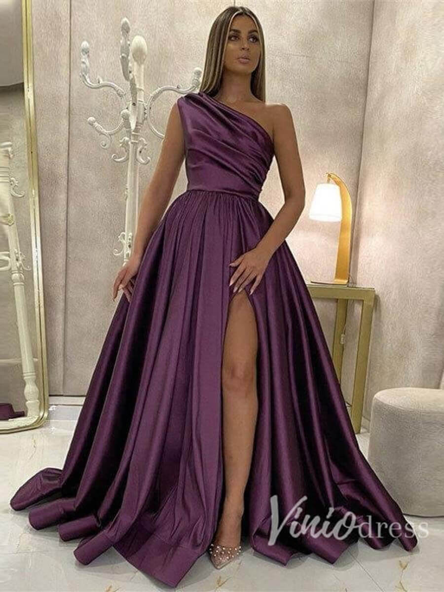 One Shoulder Pleated Satin Long Prom Dress with Pockets FD2700-prom dresses 2025 -Viniodress-Purple-Custom Size-