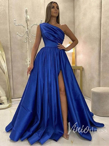 One Shoulder Pleated Satin Long Prom Dress with Pockets FD2700 Viniodress One Shoulder Pleated Satin Long Prom Dress with Pockets FD2700 Viniodress