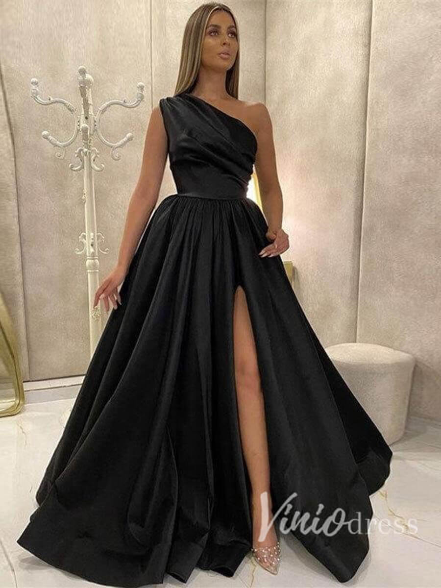 Prom Dress 2025 One Shoulder Pleated Satin Long Prom Dress with Pockets FD2700-unique prom dresses-Black-Custom Size-Viniodress