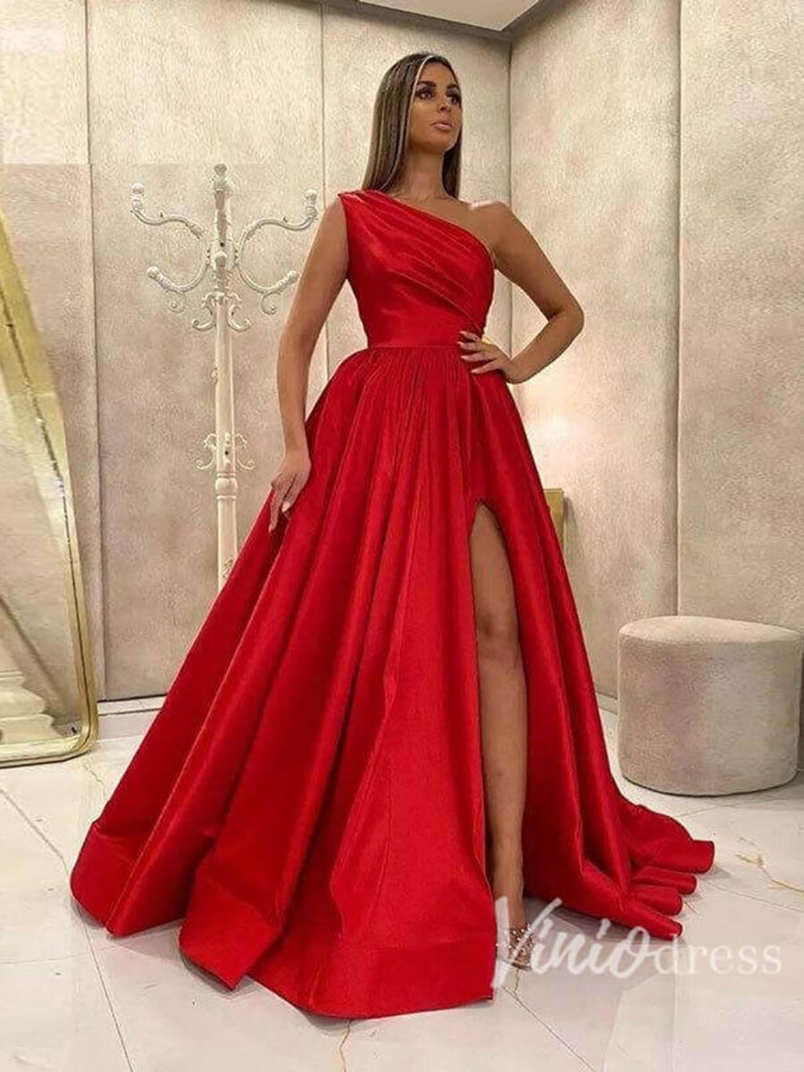 Prom Dress 2025 One Shoulder Pleated Satin Long Prom Dress with Pockets FD2700-unique prom dresses-Red-Custom Size-Viniodress