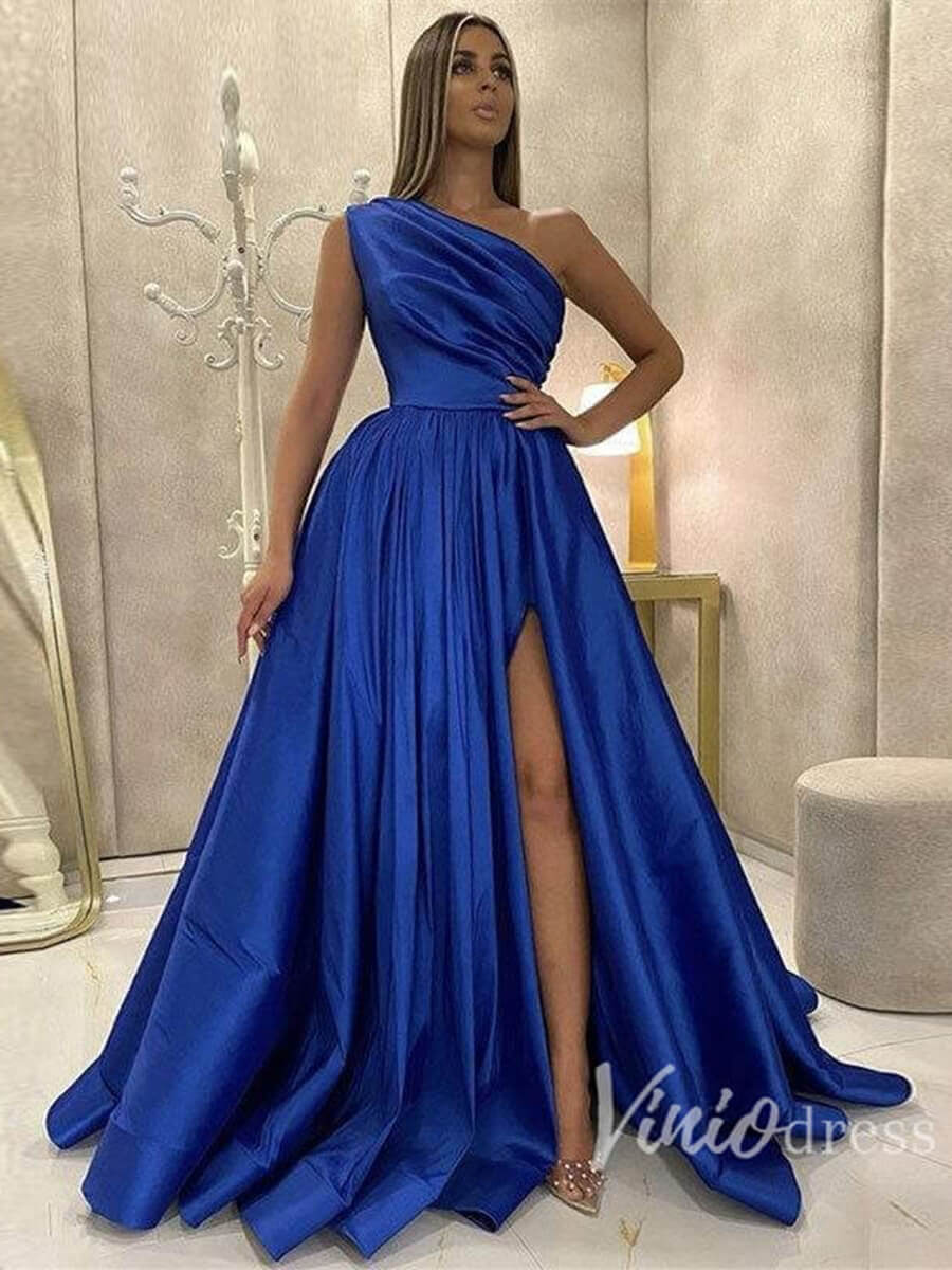 Prom Dress 2025 One Shoulder Pleated Satin Long Prom Dress with Pockets FD2700-unique prom dresses-Royal Blue-Custom Size-Viniodress