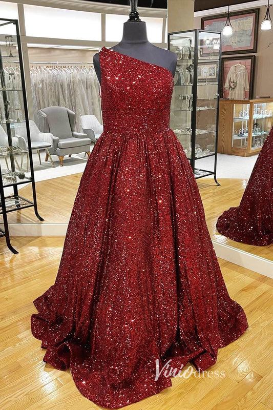 One Shoulder Prom Dresses Burgundy Sequin Formal Dress FD2971-prom dresses 2025 -Viniodress-Burgundy-Custom Size-