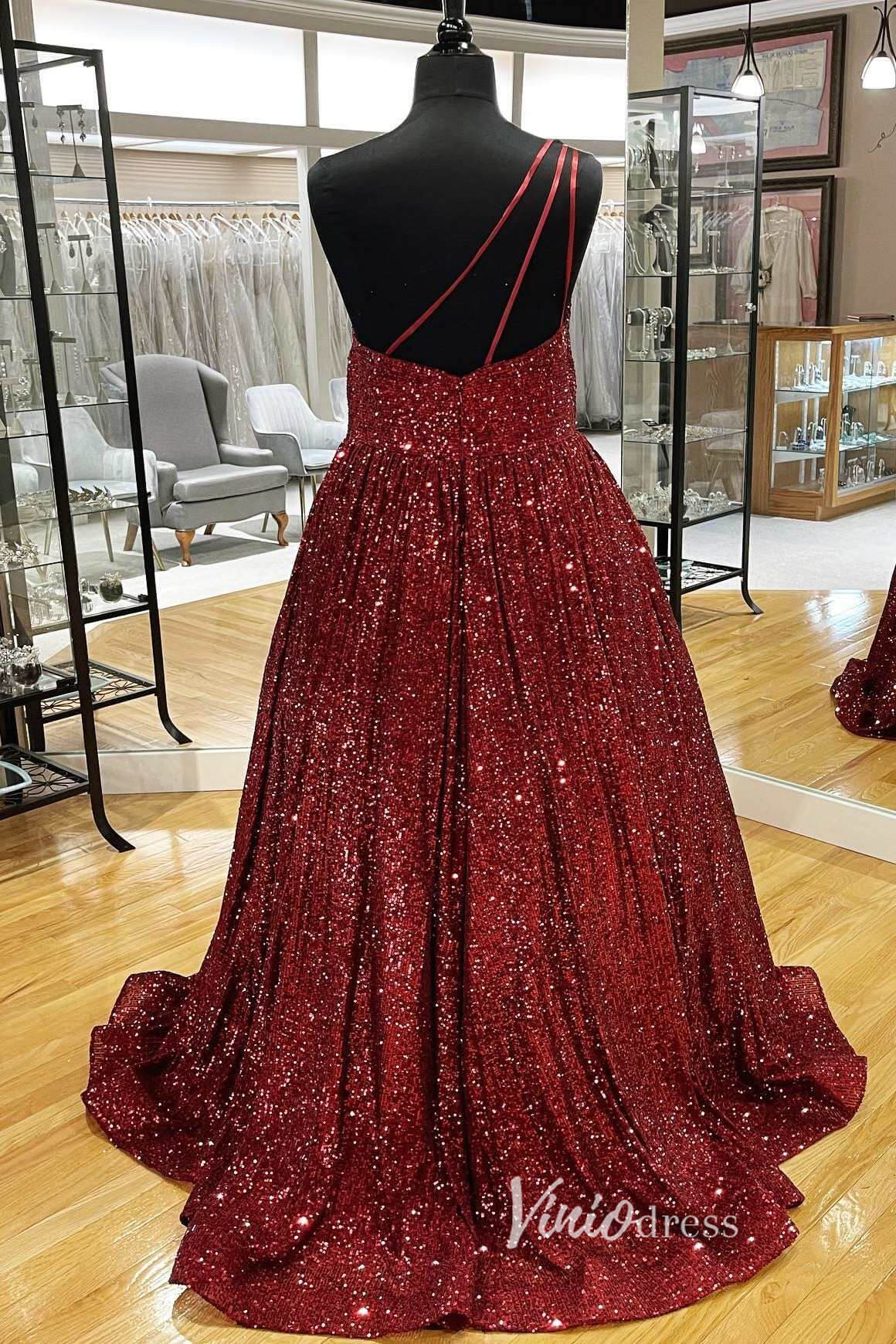 Prom Dress 2025 One Shoulder Prom Dresses Burgundy Sequin Formal Dress FD2971-unique prom dresses-Burgundy-Custom Size-Viniodress