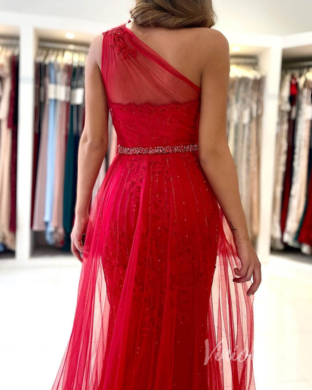 One Shoulder Red Lace Prom Dress Tulle Overskirt Evening Dress FD2839 –  Viniodress