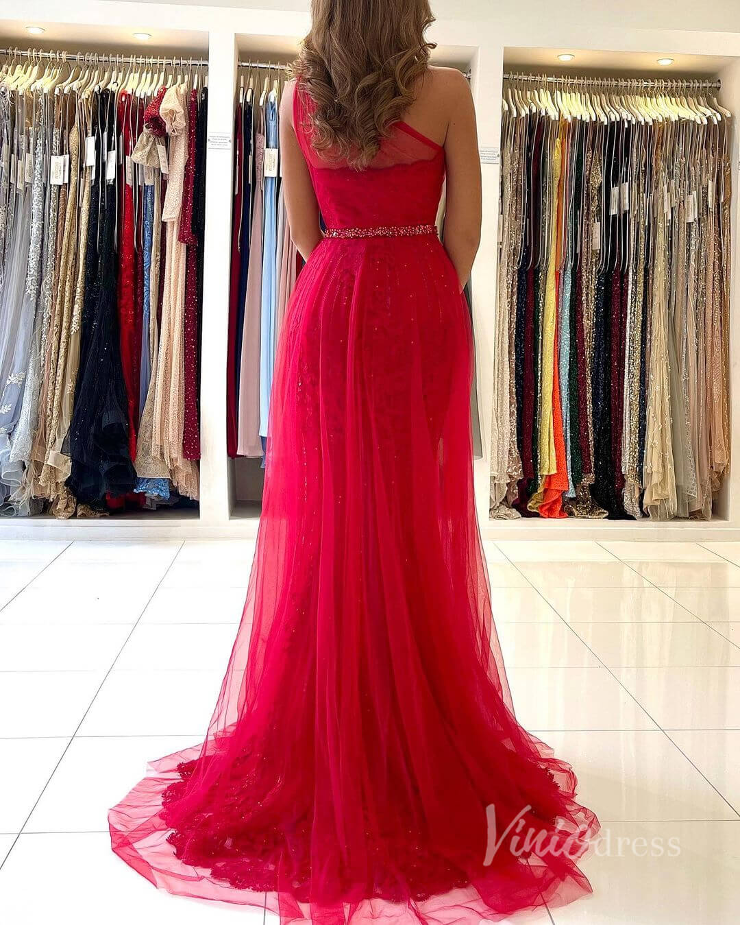 Prom Dress 2025 One Shoulder Red Lace Prom Dress Tulle Overskirt Evening Dress FD2839-unique prom dresses-Red-Custom Size-Viniodress