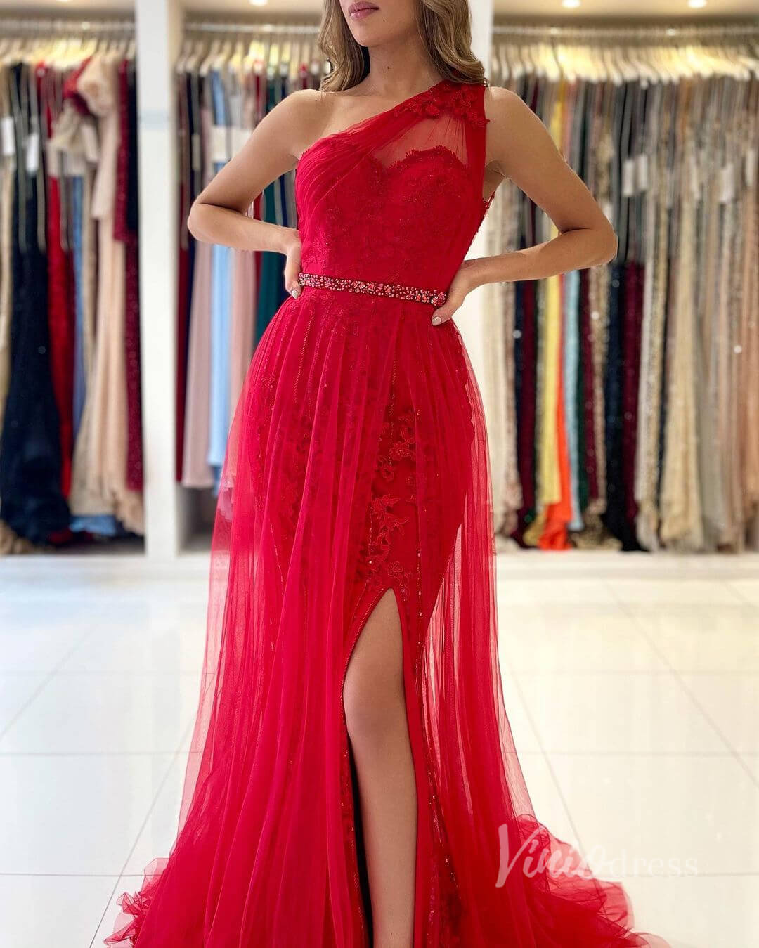 Prom Dress 2025 One Shoulder Red Lace Prom Dress Tulle Overskirt Evening Dress FD2839-unique prom dresses-Red-Custom Size-Viniodress