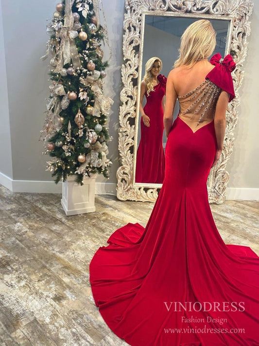 One Shoulder Red Mermaid Prom Dresses with Bow FD2545-prom dresses 2025 -Viniodress-Red-Custom Size-