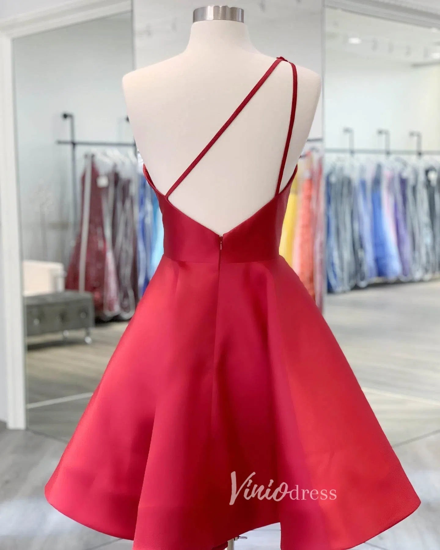 One Shoulder Red Satin Homecoming Dress with 3D Flower & Pockets SD1011-Homecoming Dresses 2025 -Viniodress-Red-Custom Size-