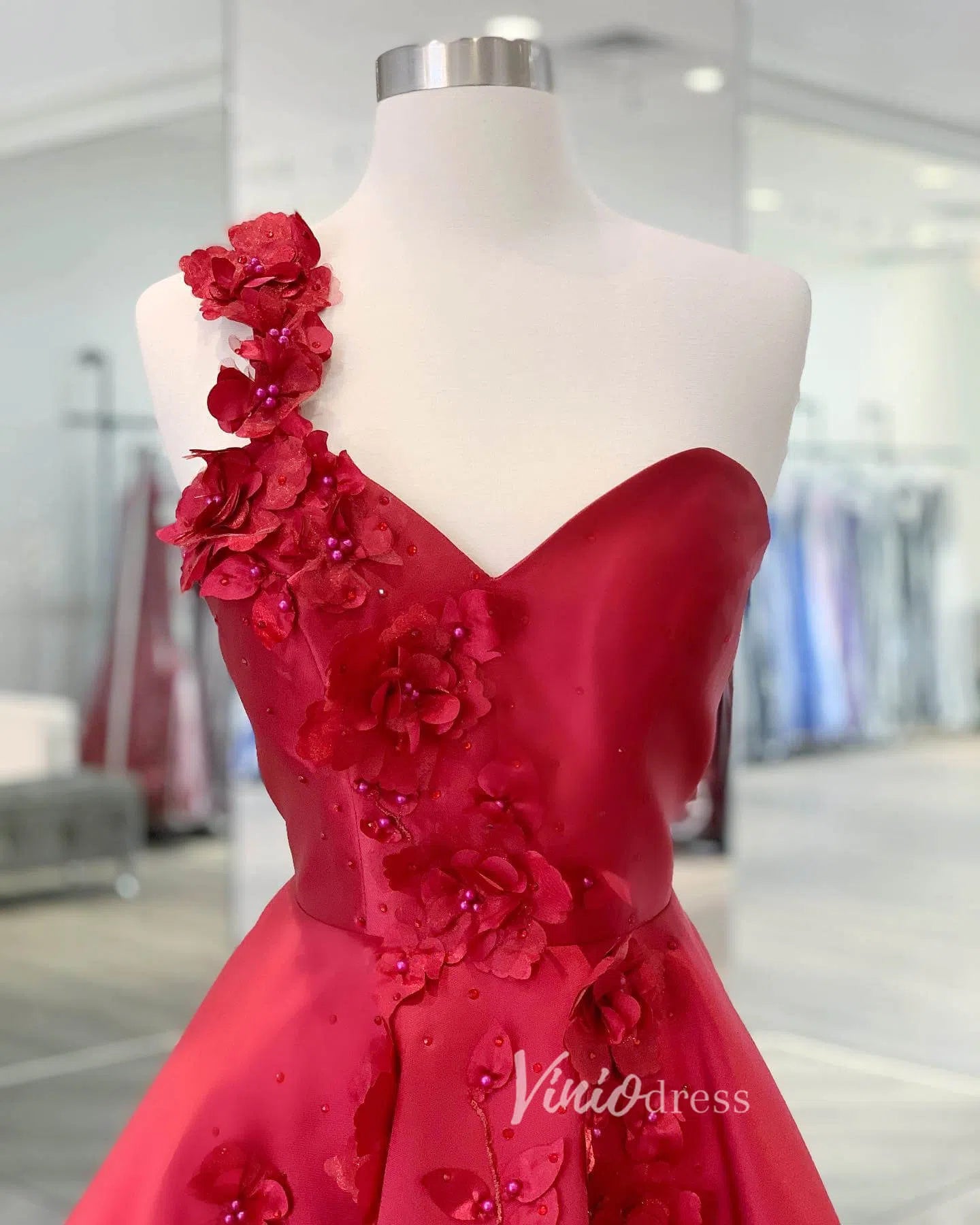 One Shoulder Red Satin Homecoming Dress with 3D Flower & Pockets SD1011-Homecoming Dresses 2025 -Viniodress-Red-Custom Size-