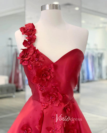 One Shoulder Red Satin Homecoming Dress with 3D Flower & Pockets SD1011-Homecoming Dresses 2025 -Viniodress-Red-Custom Size-
