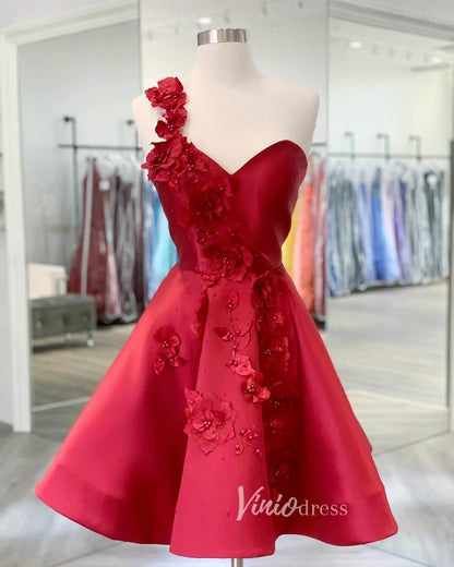 One Shoulder Red Satin Homecoming Dress with 3D Flower & Pockets SD1011-Homecoming Dresses 2025 -Viniodress-Red-Custom Size-