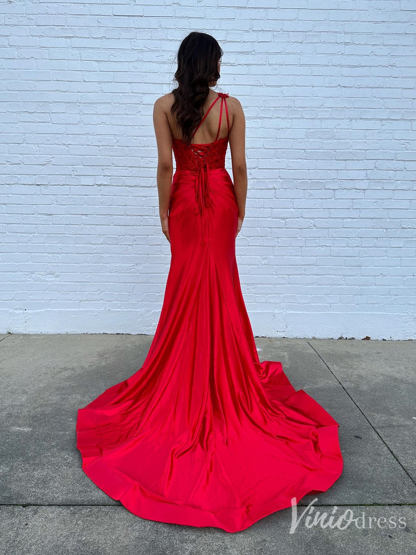 One-Shoulder Red Satin Prom Dress with Lace Corset Bodice and Slit – FD6116-prom dresses 2025 -Viniodress-Red-Custom Size-
