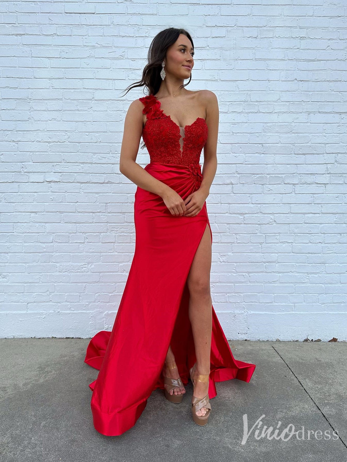One-Shoulder Red Satin Prom Dress with Lace Corset Bodice and Slit – FD6116-prom dresses 2025 -Viniodress-Red-Custom Size-