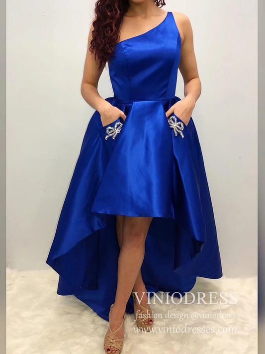 One Shoulder Royal Blue High Low Prom Dresses with Pockets SD1396-prom dresses 2025 -Viniodress-Royal Blue-Custom Size-