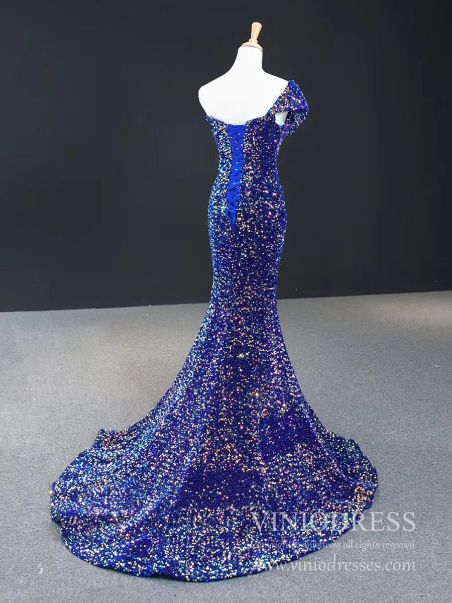 One Shoulder Royal Blue Mermaid Formal Dresses Ruffled Bust Prom Dress FD2398-prom dresses 2025 -Viniodress-Royal Blue-Custom Size-
