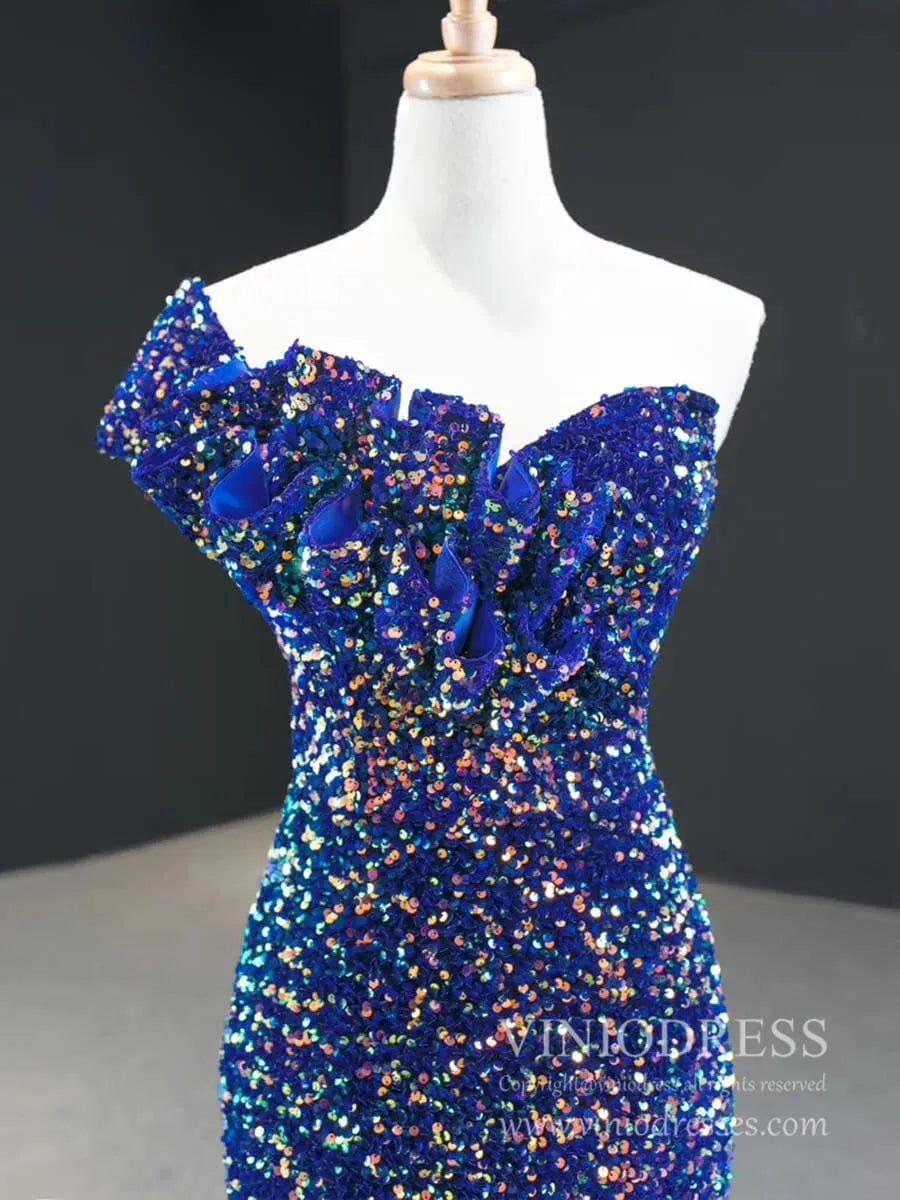 One Shoulder Royal Blue Mermaid Formal Dresses Ruffled Bust Prom Dress FD2398-prom dresses 2025 -Viniodress-Royal Blue-Custom Size-