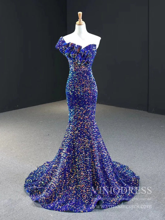 One Shoulder Royal Blue Mermaid Formal Dresses Ruffled Bust Prom Dress FD2398-prom dresses 2025 -Viniodress-Royal Blue-Custom Size-