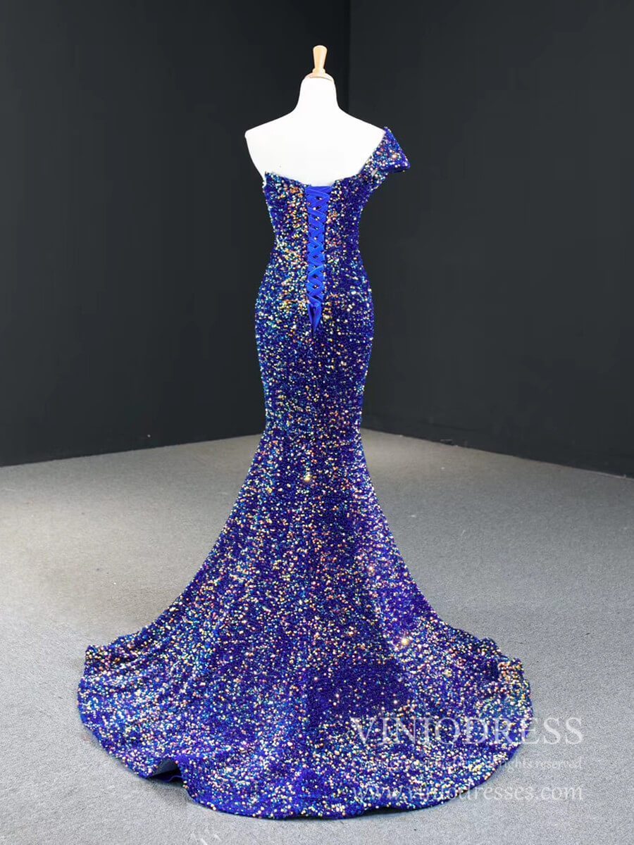 Prom Dress 2025 One Shoulder Royal Blue Mermaid Formal Dresses Ruffled Bust Prom Dress FD2398-unique prom dresses-Royal Blue-Custom Size-Viniodress