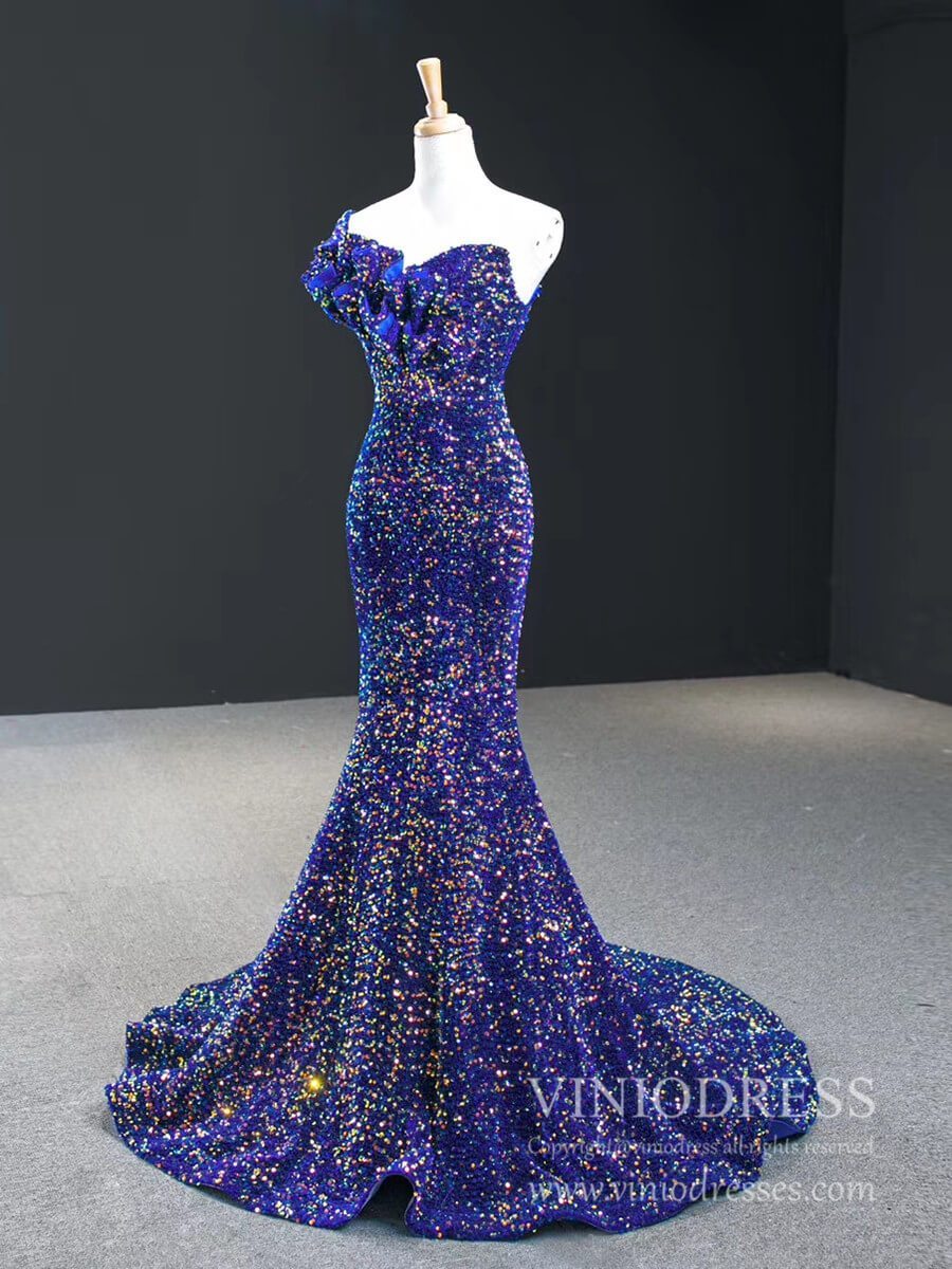 Prom Dress 2025 One Shoulder Royal Blue Mermaid Formal Dresses Ruffled Bust Prom Dress FD2398-unique prom dresses-Royal Blue-Custom Size-Viniodress