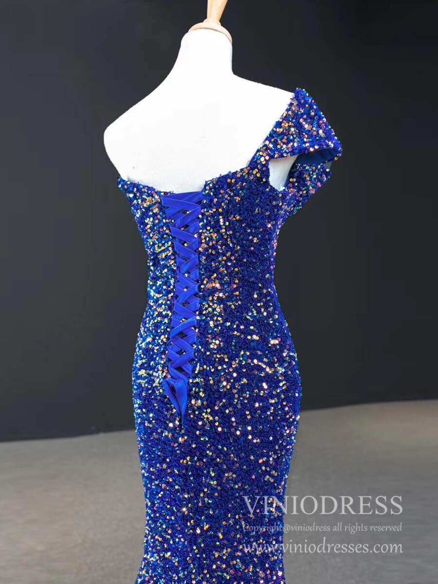 Prom Dress 2025 One Shoulder Royal Blue Mermaid Formal Dresses Ruffled Bust Prom Dress FD2398-unique prom dresses-Royal Blue-Custom Size-Viniodress