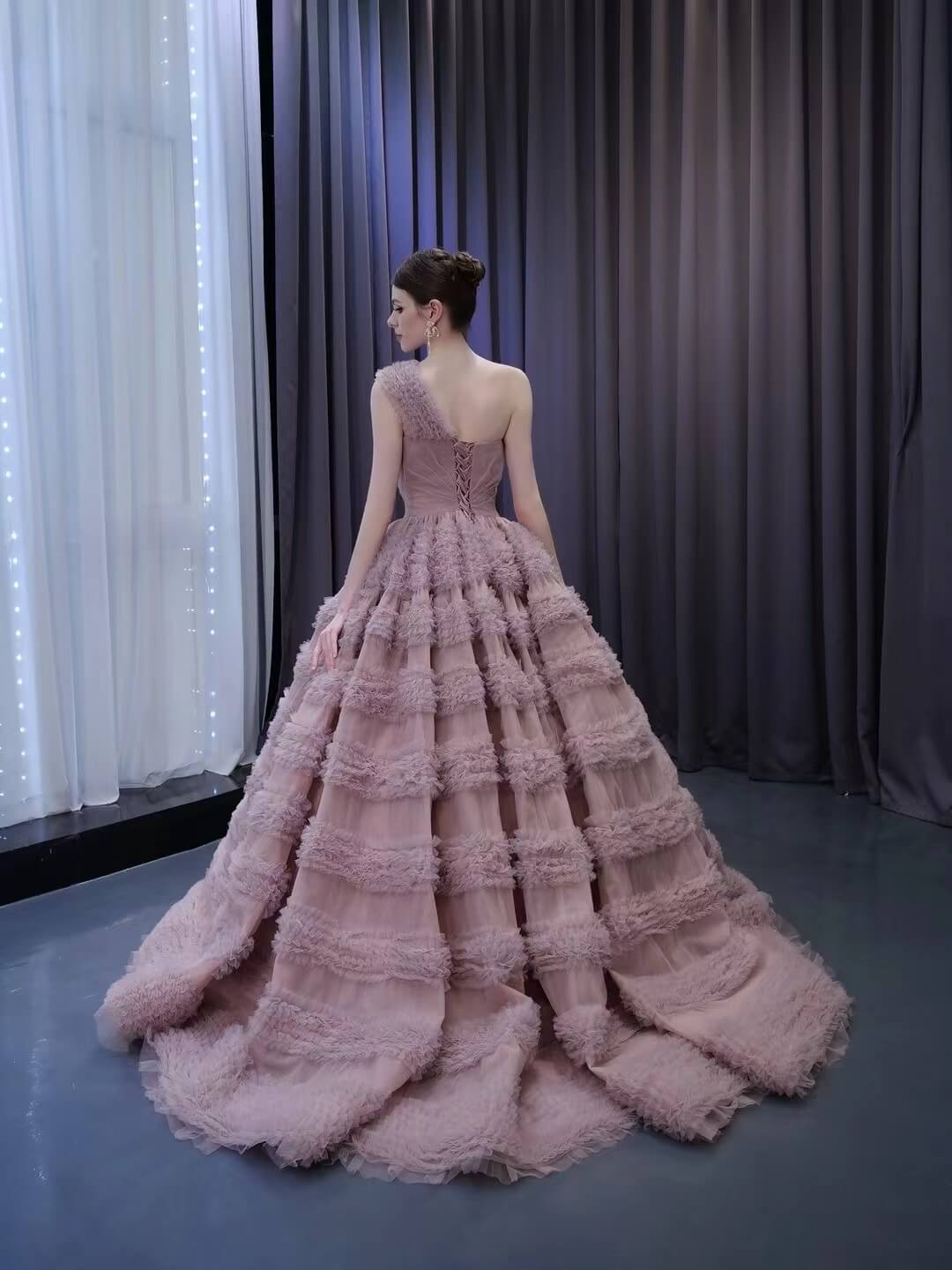 One Shoulder Ruffle Ball Gown Luxury Princess Quinceanera Dress Dusty Rose 231133-Quinceanera Dresses 2025 -Viniodress-Dusty Rose-Custom Size-