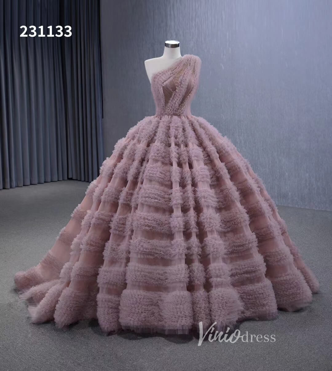 One Shoulder Ruffle Ball Gown Luxury Princess Quinceanera Dress Dusty Rose 231133-Quinceanera Dresses 2025 -Viniodress-Dusty Rose-Custom Size-