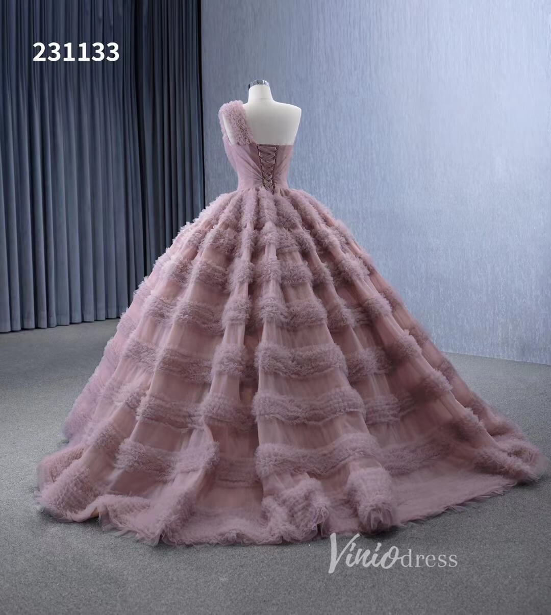 One Shoulder Ruffle Ball Gown Luxury Princess Quinceanera Dress Dusty Rose 231133-Quinceanera Dresses 2025 -Viniodress-Dusty Rose-Custom Size-
