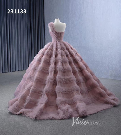 One Shoulder Ruffle Ball Gown Luxury Princess Quinceanera Dress Dusty Rose 231133-Quinceanera Dresses 2025 -Viniodress-Dusty Rose-Custom Size-
