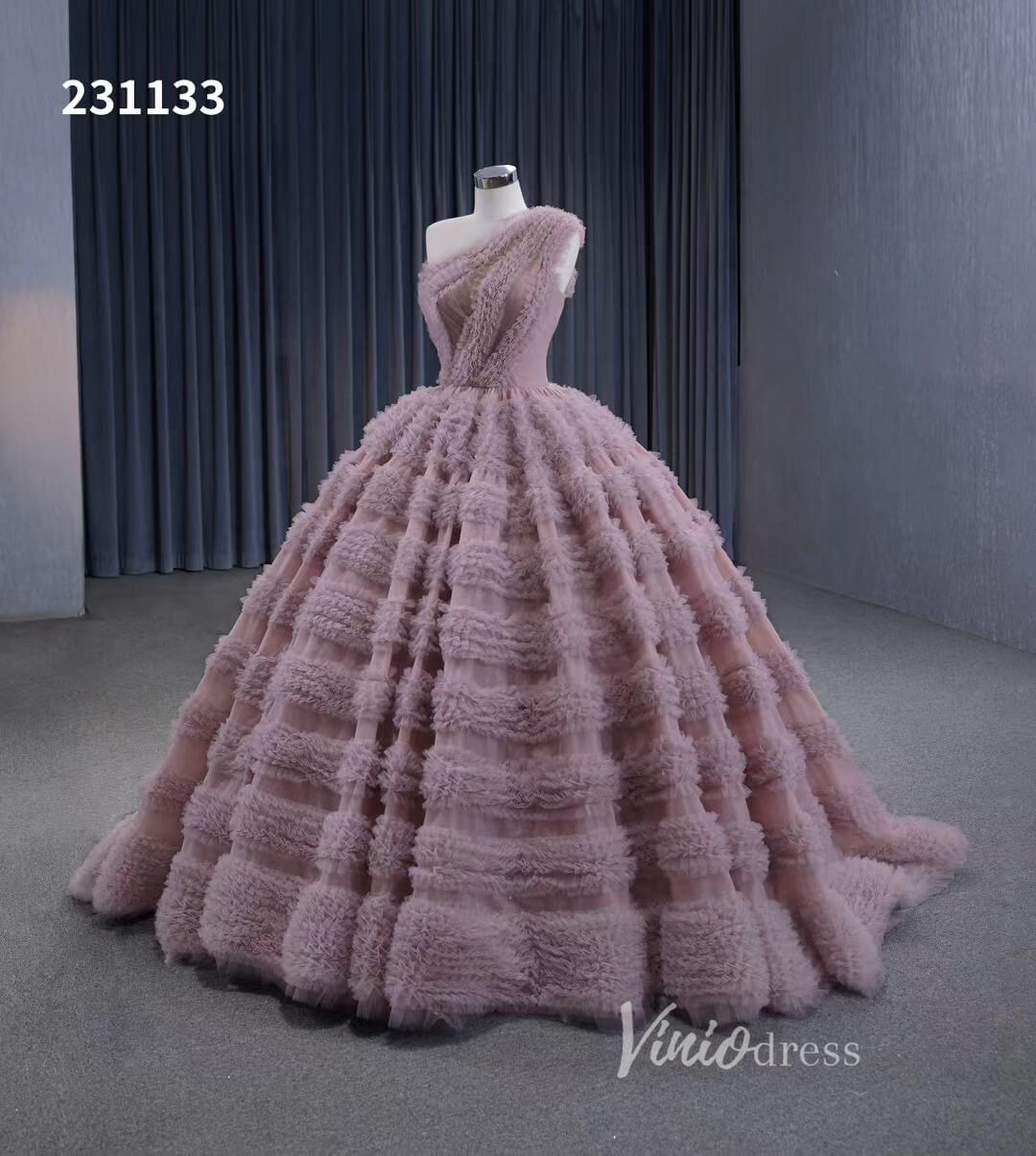 One Shoulder Ruffle Ball Gown Luxury Princess Quinceanera Dress Dusty Rose 231133-Quinceanera Dresses 2025 -Viniodress-Dusty Rose-Custom Size-