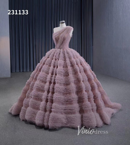 One Shoulder Ruffle Ball Gown Luxury Princess Quinceanera Dress Dusty Rose 231133-Quinceanera Dresses 2025 -Viniodress-Dusty Rose-Custom Size-