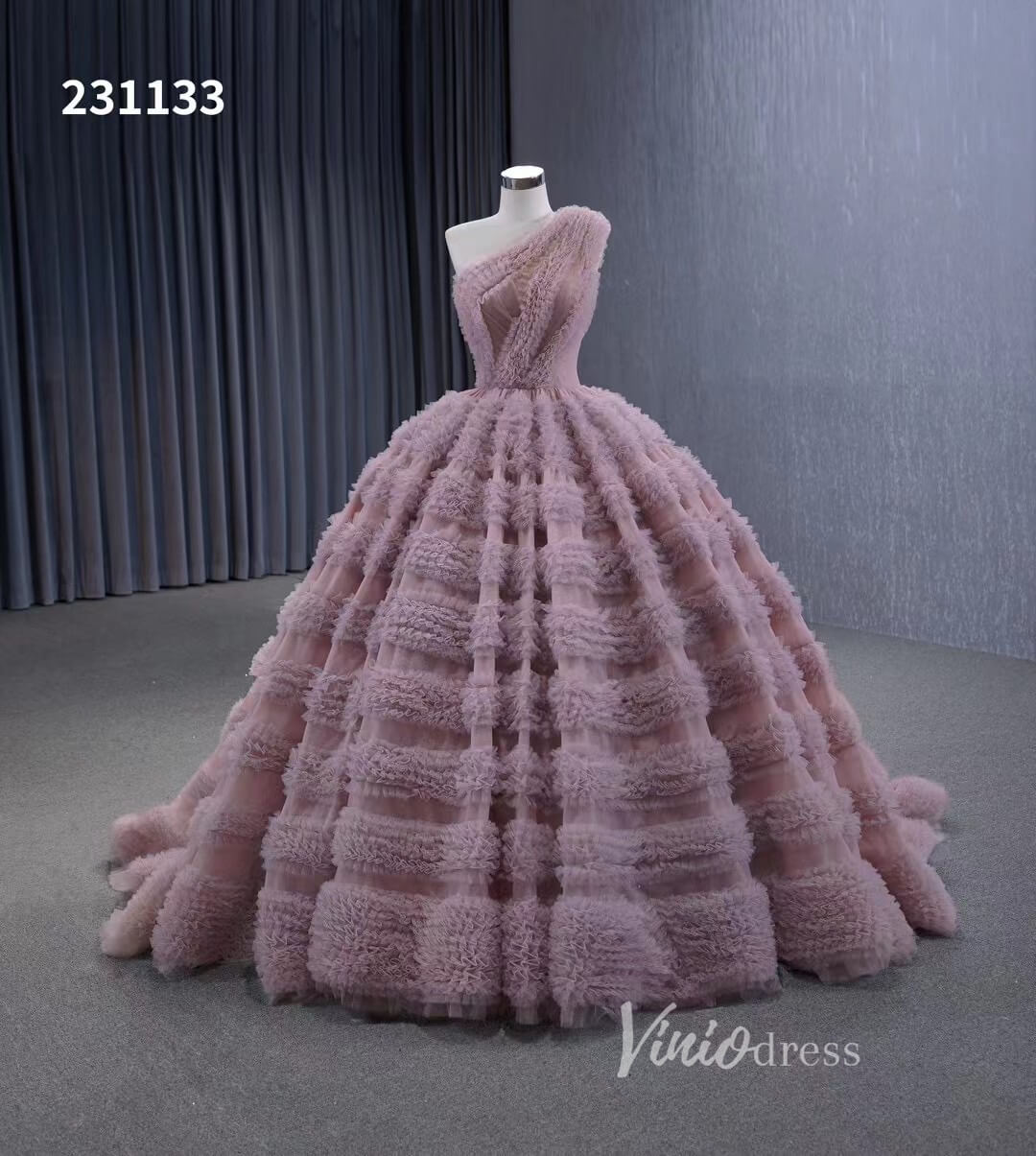 One Shoulder Ruffle Ball Gown Luxury Princess Quinceanera Dress Dusty Rose 231133-Quinceanera Dresses 2025 -Viniodress-Dusty Rose-Custom Size-