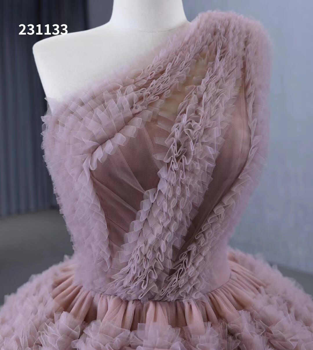 One Shoulder Ruffle Ball Gown Luxury Princess Quinceanera Dress Dusty Rose 231133-Quinceanera Dresses 2025 -Viniodress-Dusty Rose-Custom Size-