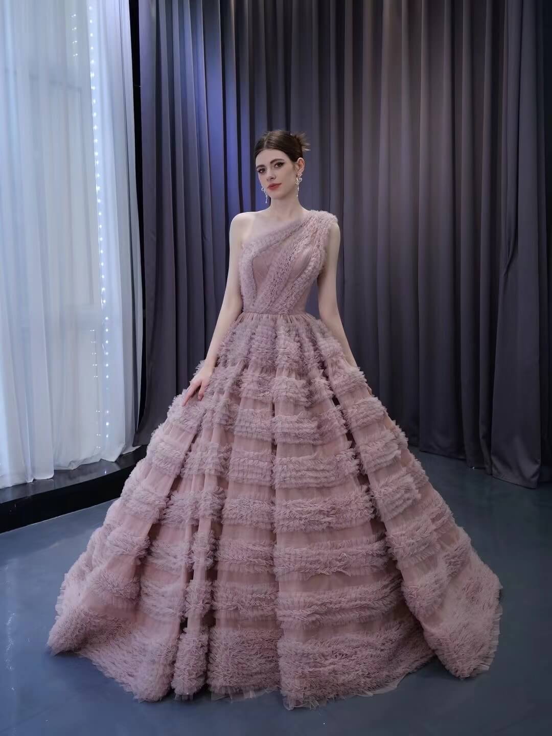 One Shoulder Ruffle Ball Gown Luxury Princess Quinceanera Dress Dusty Rose 231133-Quinceanera Dresses-Viniodress-Viniodress