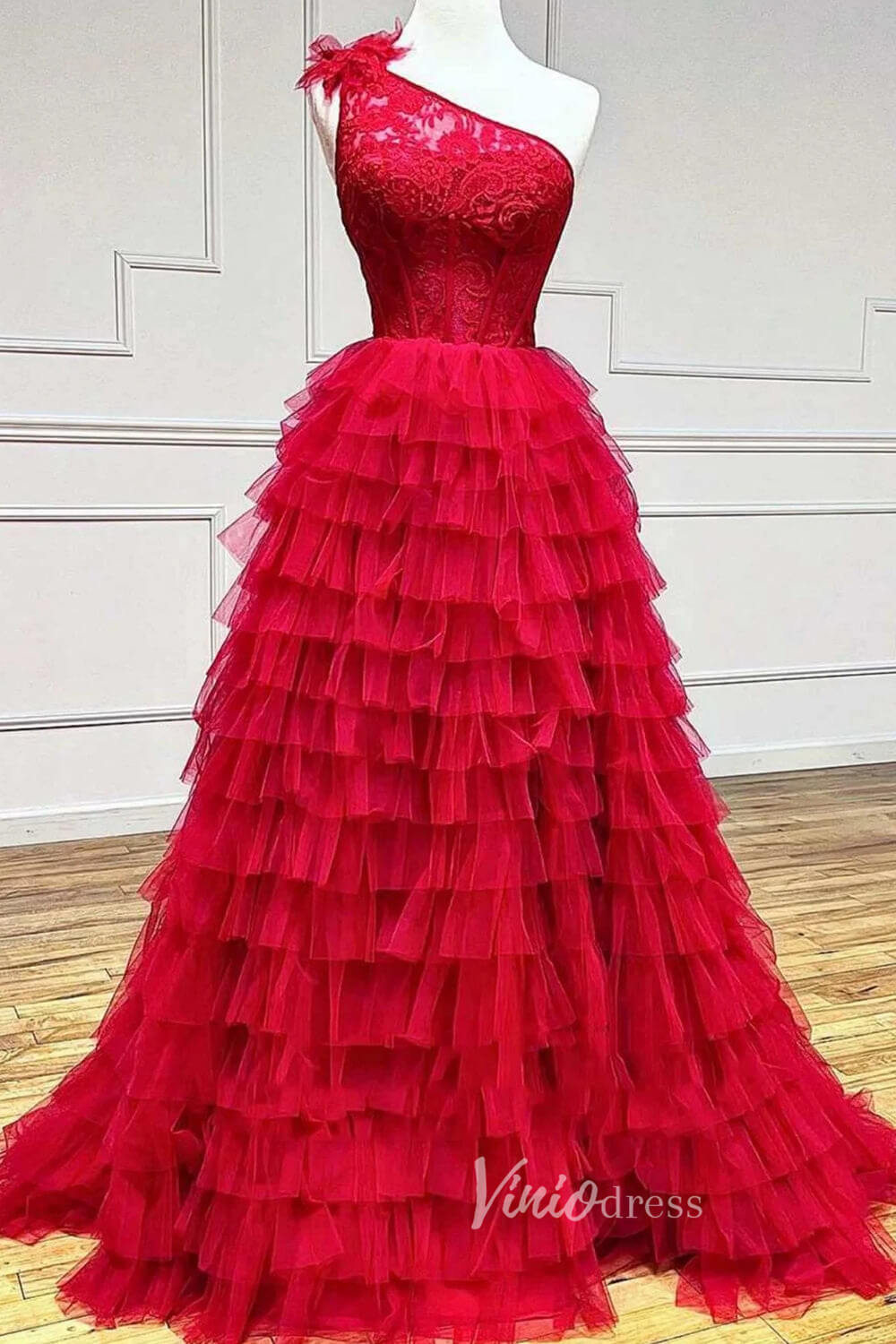 One Shoulder Ruffle Prom Dresses Long with Slit Lace Bodice FD3507-prom dresses 2025 -Viniodress-Red-Custom Size-