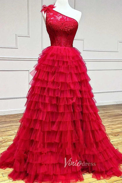 One Shoulder Ruffle Prom Dresses Long with Slit Lace Bodice FD3507-prom dresses 2025 -Viniodress-Red-Custom Size-