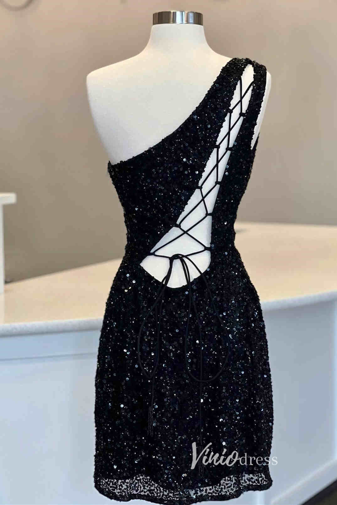 One Shoulder Sequin Bodycon Homecoming Dresses Mini Cocktail Dress SD1592-Homecoming Dresses 2025 -Viniodress-Black-Custom Size-