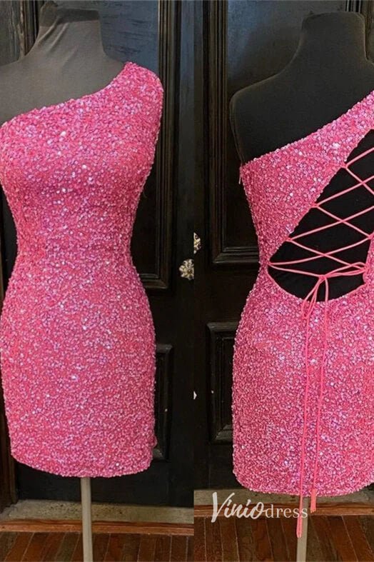 One Shoulder Sequin Bodycon Homecoming Dresses Mini Cocktail Dress SD1592-Homecoming Dresses 2025 -Viniodress-Hot Pink-Custom Size-