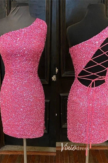 One Shoulder Sequin Bodycon Homecoming Dresses Mini Cocktail Dress SD1592-Homecoming Dresses 2025 -Viniodress-Hot Pink-Custom Size-