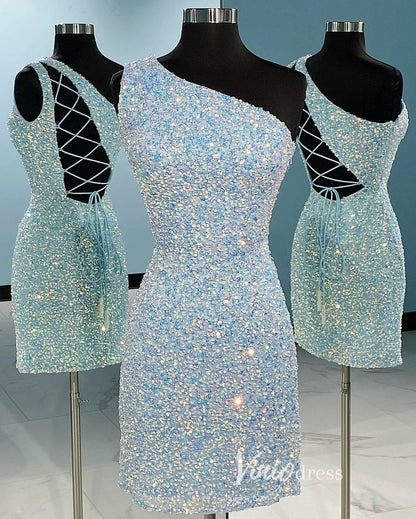 One Shoulder Sequin Bodycon Homecoming Dresses Mini Cocktail Dress SD1592-Homecoming Dresses 2025 -Viniodress-Light Blue-Custom Size-