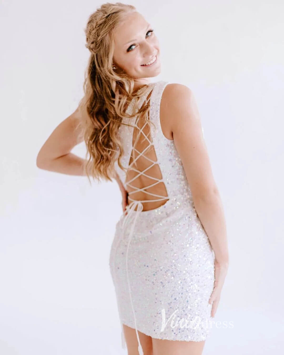 One Shoulder Sequin Bodycon Homecoming Dresses Mini Cocktail Dress SD1592-Homecoming Dresses 2025 -Viniodress-White-Custom Size-