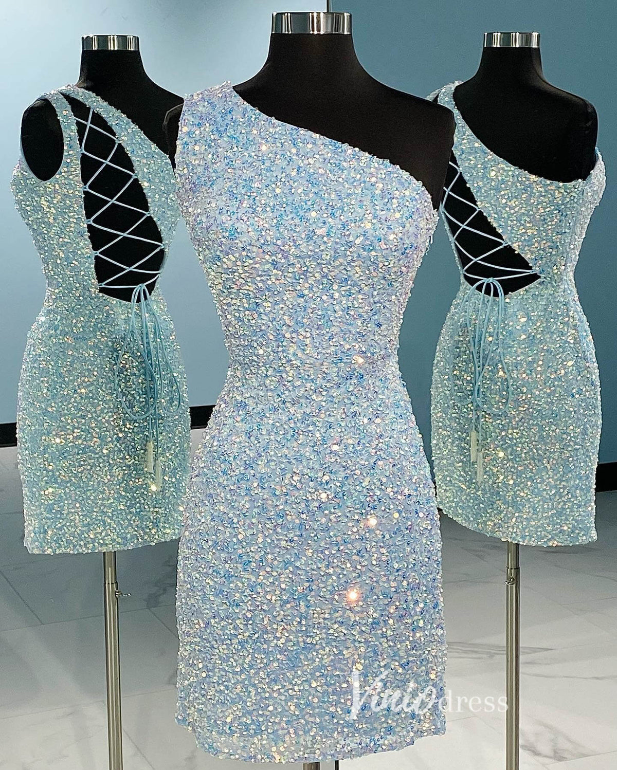 Short Prom Dresses 2025 One Shoulder Sequin Bodycon Homecoming Dresses Mini Cocktail Dress SD1592-homecoming dresses-Viniodress-Light Blue-Custom Size-Viniodress