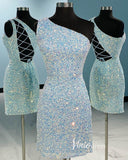 Short Prom Dresses 2025 One Shoulder Sequin Bodycon Homecoming Dresses Mini Cocktail Dress SD1592-homecoming dresses-Viniodress-Light Blue-Custom Size-Viniodress