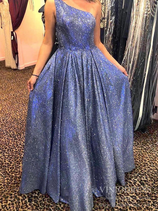 One Shoulder Sparkly Blue Prom Dresses Long FD2059-prom dresses 2025 -Viniodress-Blue-Custom Size-