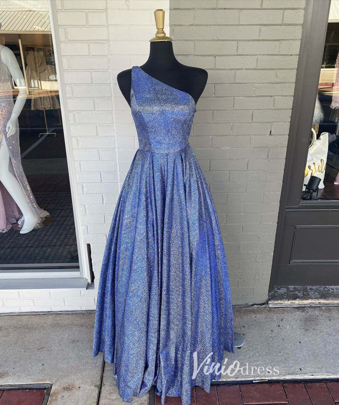 One Shoulder Sparkly Blue Prom Dresses Long FD2059-prom dresses 2025 -Viniodress-Blue-Custom Size-
