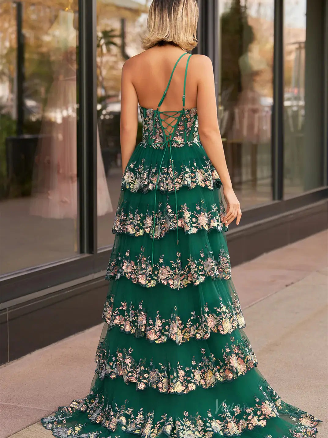 prom dresses 2025 One Shoulder Tiered Prom Dresses with Slit Lace Applique Formal Dresses - FD3637e-plus size wedding dresses Viniodress-Green-Custom Size-