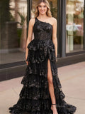 prom dresses 2025 One Shoulder Tiered Prom Dresses with Slit Lace Applique Formal Dresses - FD3637e-plus size wedding dresses Viniodress-Black-Custom Size-