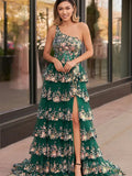 prom dresses 2025 One Shoulder Tiered Prom Dresses with Slit Lace Applique Formal Dresses - FD3637e-plus size wedding dresses Viniodress-Green-Custom Size-