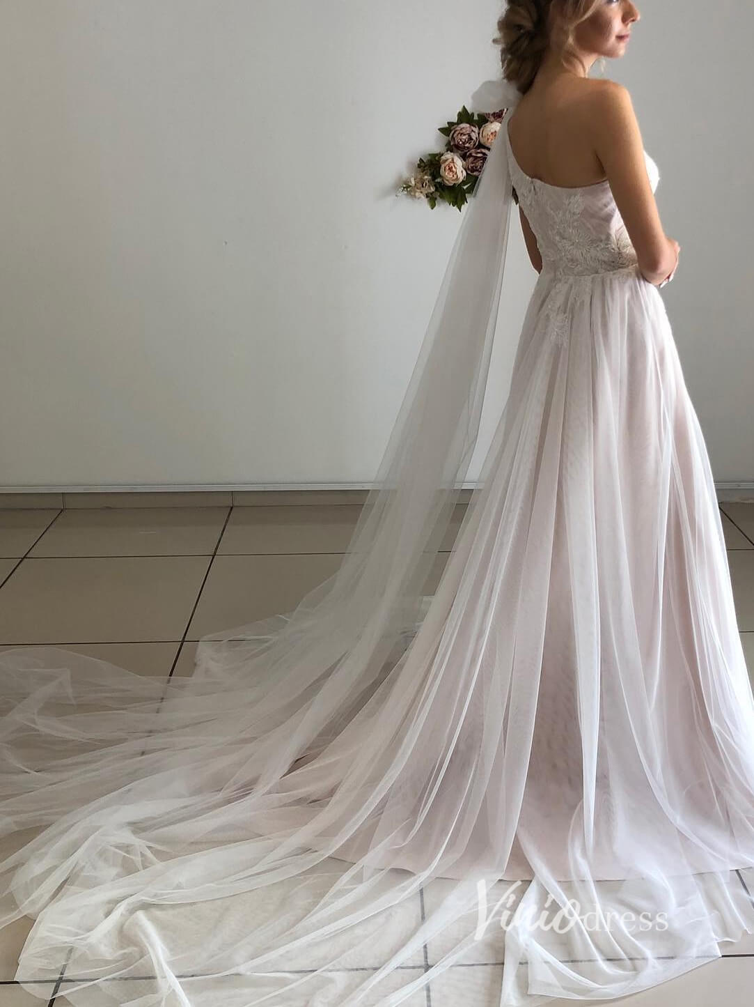 One Shoulder Tulle Country Wedding Dersses Watteau Train VW2092-wedding dresses-Viniodress-Viniodress