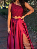 Prom Dress 2025 One Shoulder Two Piece Dark Red Prom Dresses with Pockets FD2031-unique prom dresses-As Picture-Custom Size-Viniodress