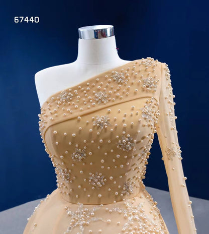 One Shoulder Watteau Sleeve Formal Dress Gold Pearl Pageant Gown 67440-prom dresses 2025 -Viniodress-Gold-Custom Size-
